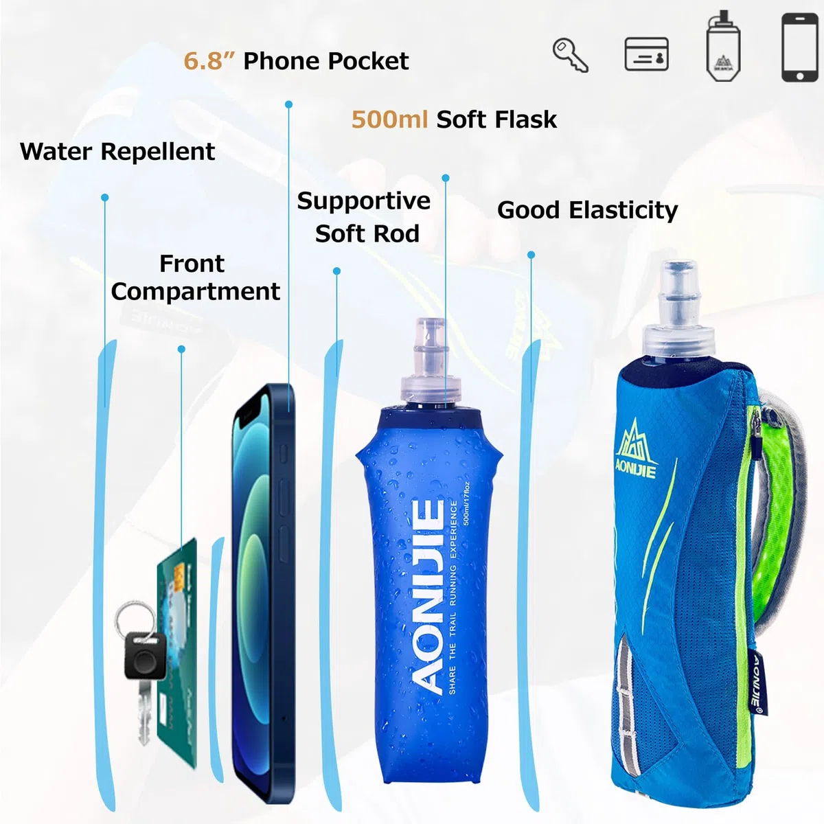 Azarxis Sac Porte Bouteille d'eau Souple 500 ml Gourde à Main Pliable Bidon Hydratation pour Marathon Running Sport