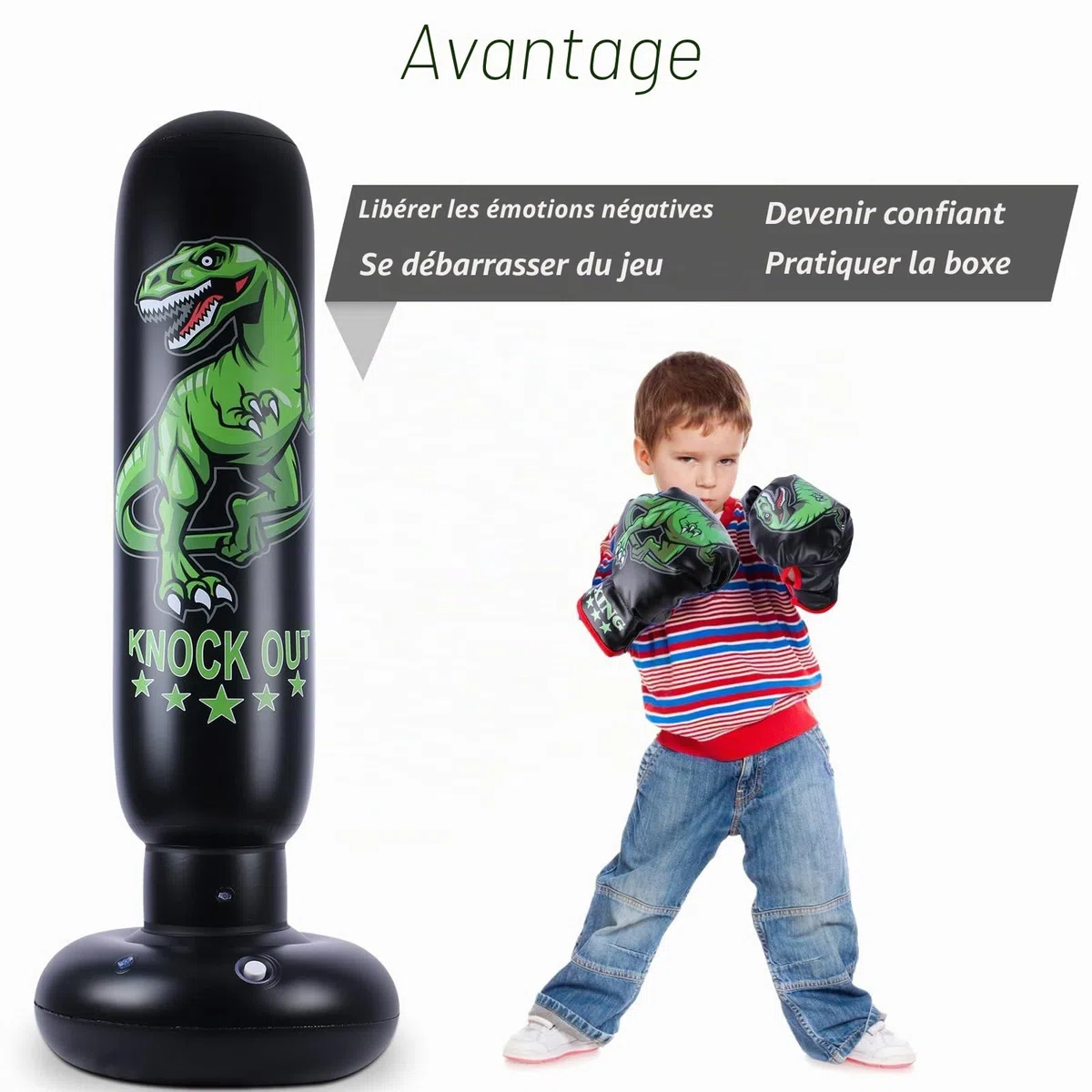 Sac de Frappe Dinosaure pour Enfants - Sac de Boxe autoportant de 160 cm avec Gants de Boxe - Jouets Sportifs Dinosaures féroces Sac de Sable pour l'entraînement Karaté Taekwondo MMA