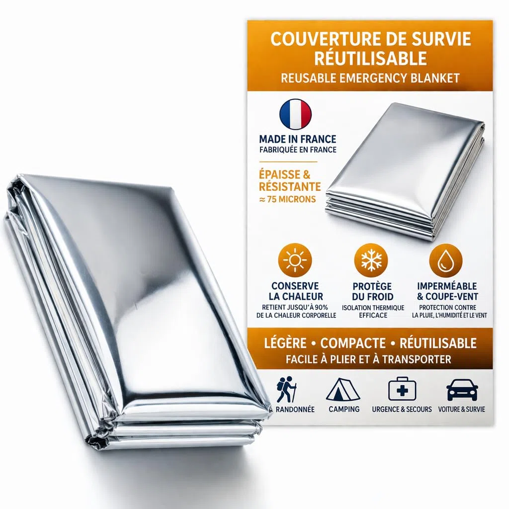 Couverture de Survie Réutilisable Épaisse 75 Microns – Made in France – Isolation Thermique, Imperméable & Coupe-Vent – 220x140 cm – Kit Urgence Voiture, Camping, Randonnée