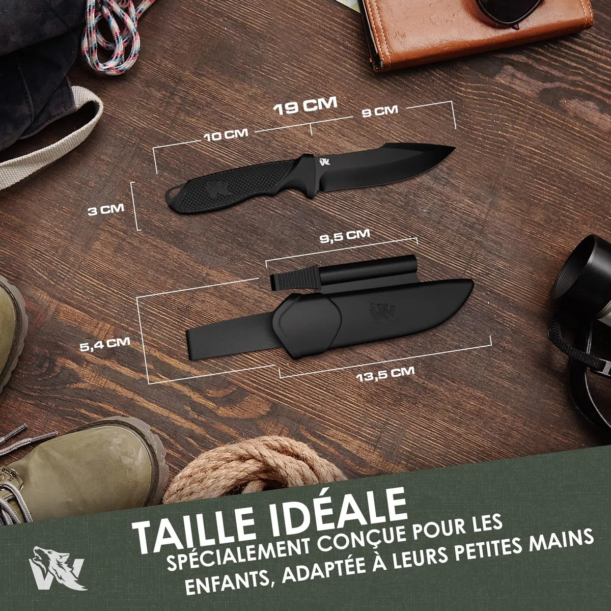 Wolfgangs W-Kids – Couteau de bushcraft Enfant en Acier D2 – Set Outdoor avec étui + Allume-feu – Couteau de Survie pour Enfants – Parfait pour la première Aventure en Plein air