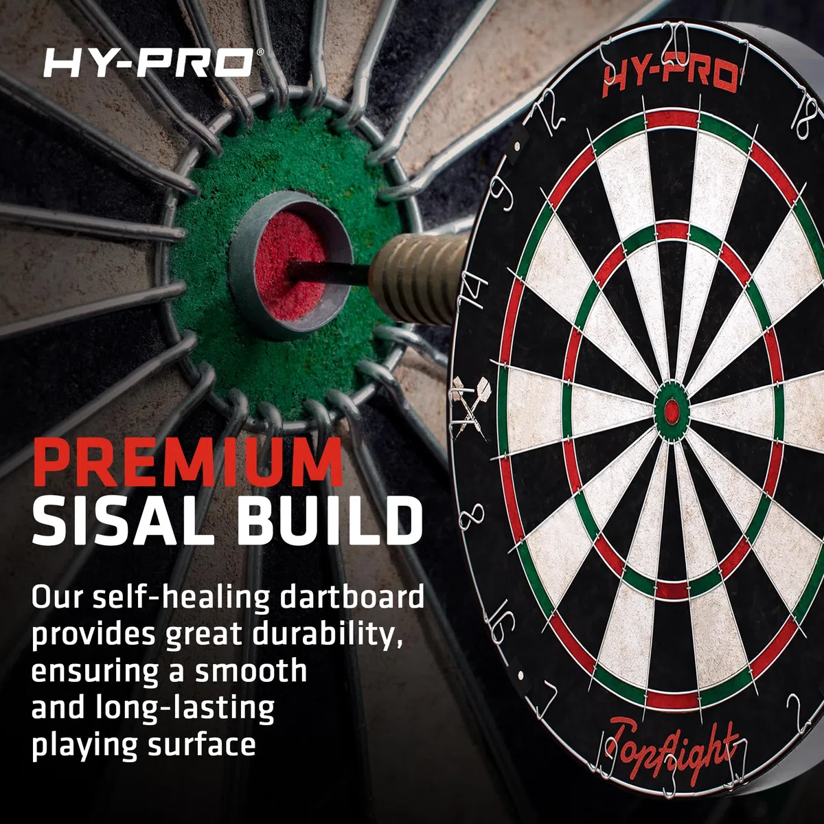 Hy-Pro Topflight Cible de fléchettes professionnelle avec surface en sisal, sans agrafes, fil mobile, 6 fléchettes à pointe en acier de 18 g, kit de montage mural, utilisation en intérieur ou en