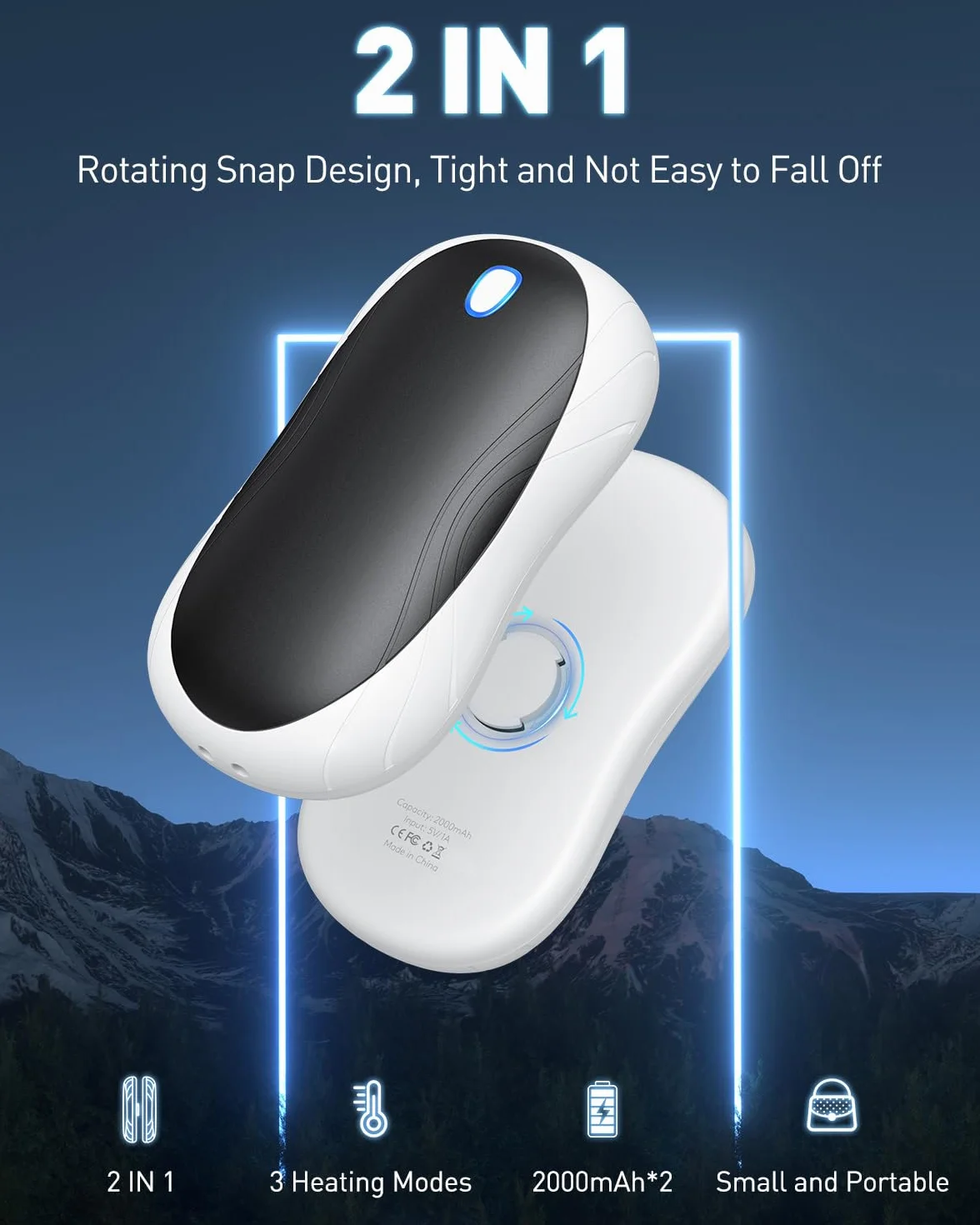 Cnkeeo Chauffe-Mains Rechargeable de Poche Température 40-55 ℃ avec 3 Niveaux de Chauffage réglables pour Raynauds, Camping, Cadeaux de Noël