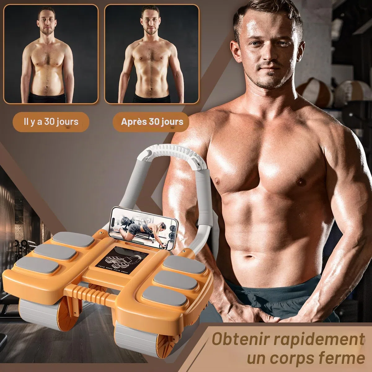 Roue Abdominale,automatique roue abdominale avec support coude Appareil d'entraînement abdominal à rebond automatique,4 roulettes,musculation,Avec support pour téléphone portable