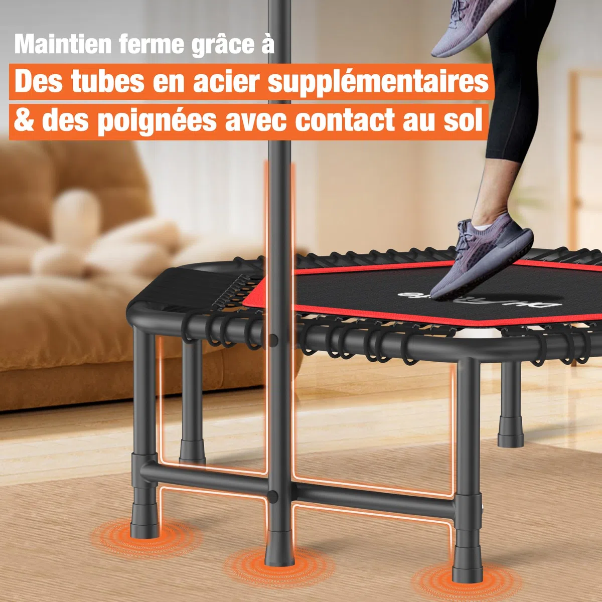 DH FitLife Trampoline Fitness Indoor | Ø114cm 45 Pouces Mini Trampoline | Capacité 150 KG | avec 3 Niveaux de poignée réglables | Stable et Silencieux