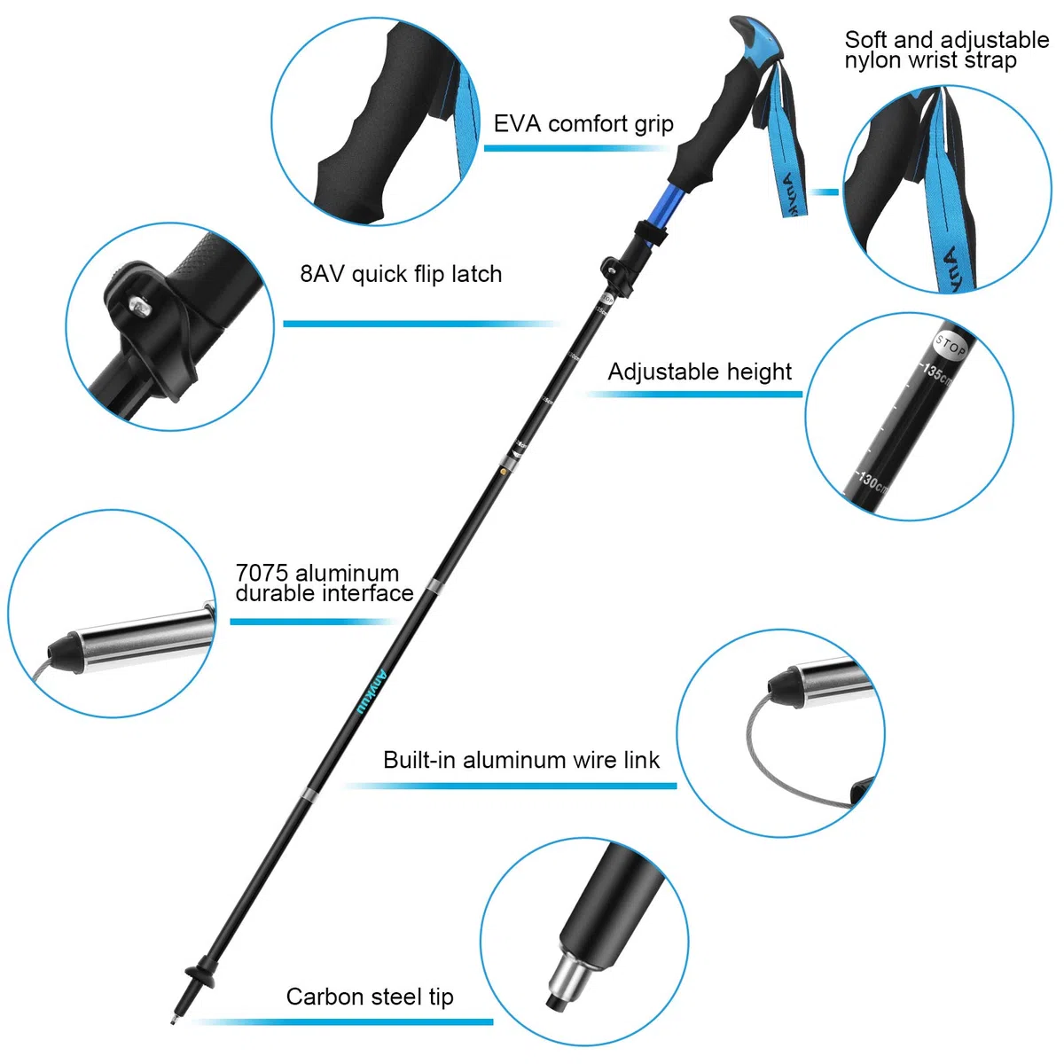 Anykuu Baton de Marche 2 PCS, Bâtons de Randonnée Nordique avec 14 Accessoires d'escalade Telescopiques Antichoc Antidérapant Poles Trekking (Réglables 36-130cm)