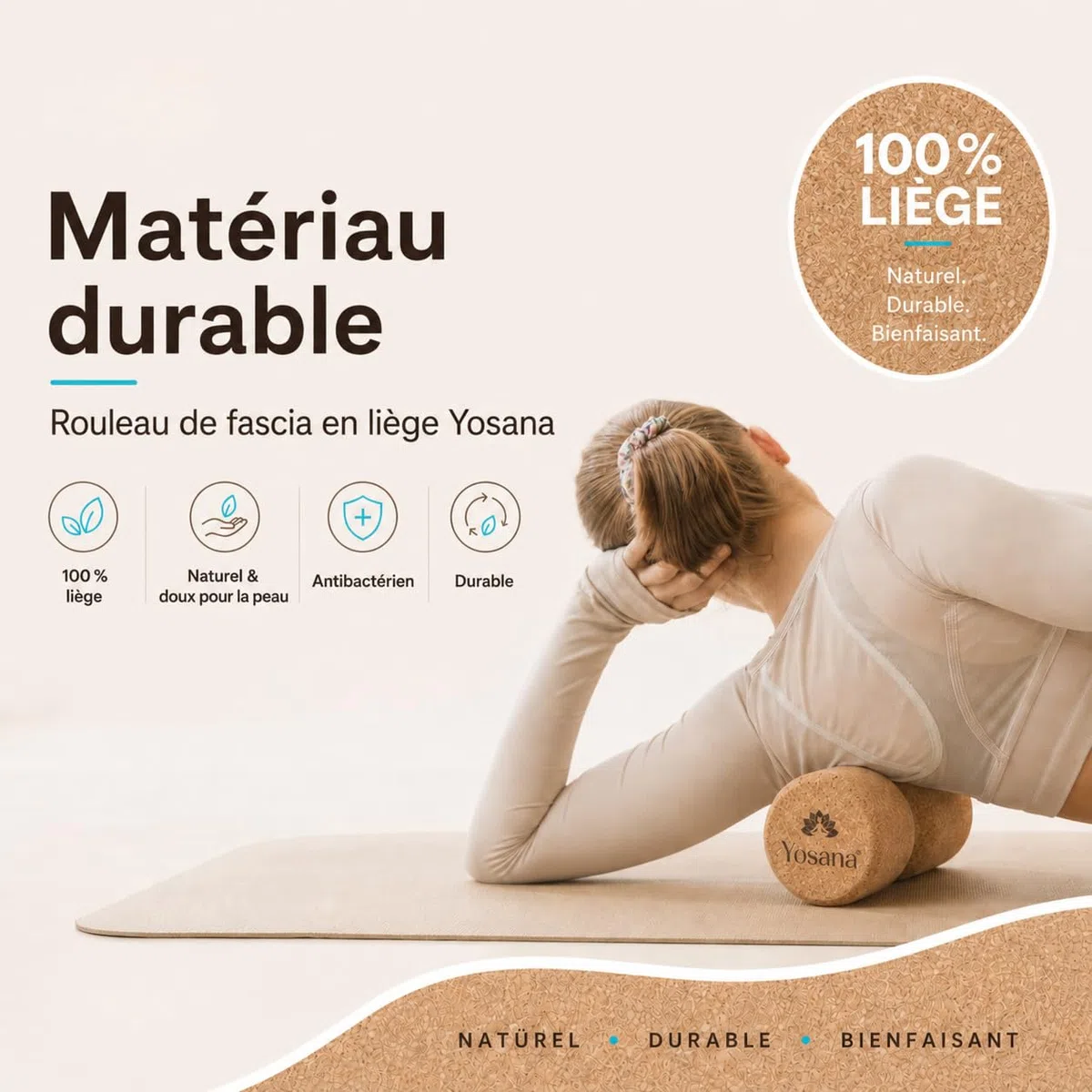Rouleau de fascia en liège | Rouleau de dos dur pour le massage du dos et l'entraînement du fascia | Rouleau de liège durable | 30x10cm