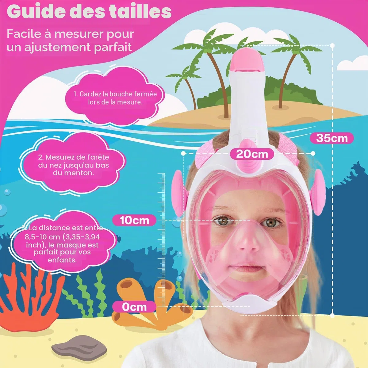 Masque de Plongée Enfant, Masque Piscine Enfant, 180° HD Masque Tuba Intégral, Anti-Buée et Anti-Fuite Masque Plongée 3~12 Ans, avec Bouchons d'oreille et Sac de Rangement (XS,Rose)