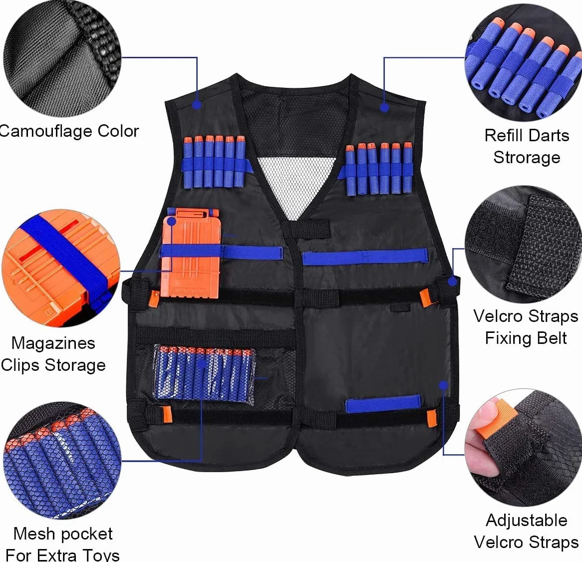 EXTSUD 90pcs Gilet Tactique Enfants pour Nerf N-Strike Elite Series avec 80 Fléchettes+2 Chargeurs Fléchettes+2 Gilet Tactique+2 Masque Facial Tactique+2 Bande Poignet+2 Lunettes Protection