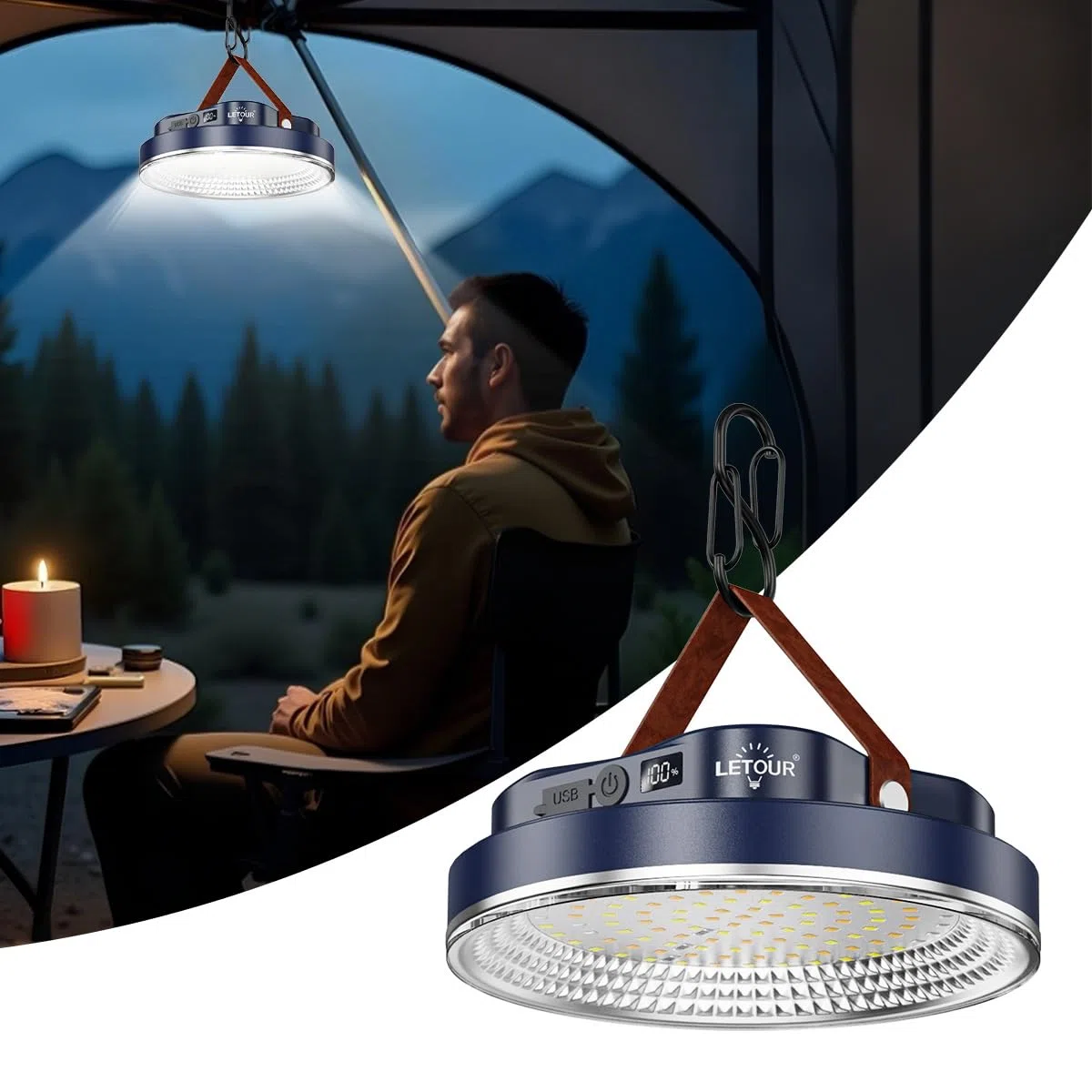 LETOUR Lampe de Camping Rechargeable, 4 Modes de Lumière Réglable Super Lumineuse, Portable avec Crochet Lampe Solaire Camping, Lanterne de Camping pour Extérieur et Urgence