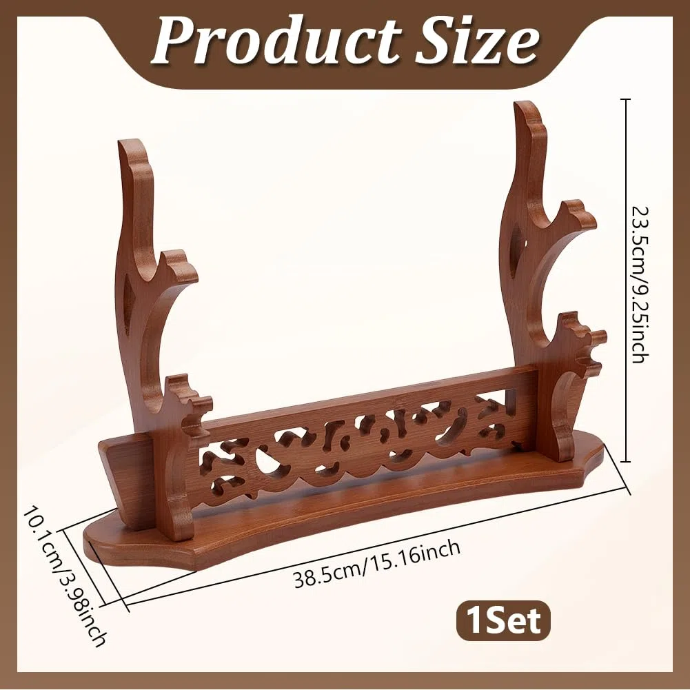 UNICRAFTALE Support à Épées 2 Niveaux Support pour Sabre Lasers Supports pour Katana en Bois MDF Supports d'Affichage Tan Porte Épée Samurai Rack Cosplay Porte Épées pour Canne à Pêche 38.5x10x23.5cm