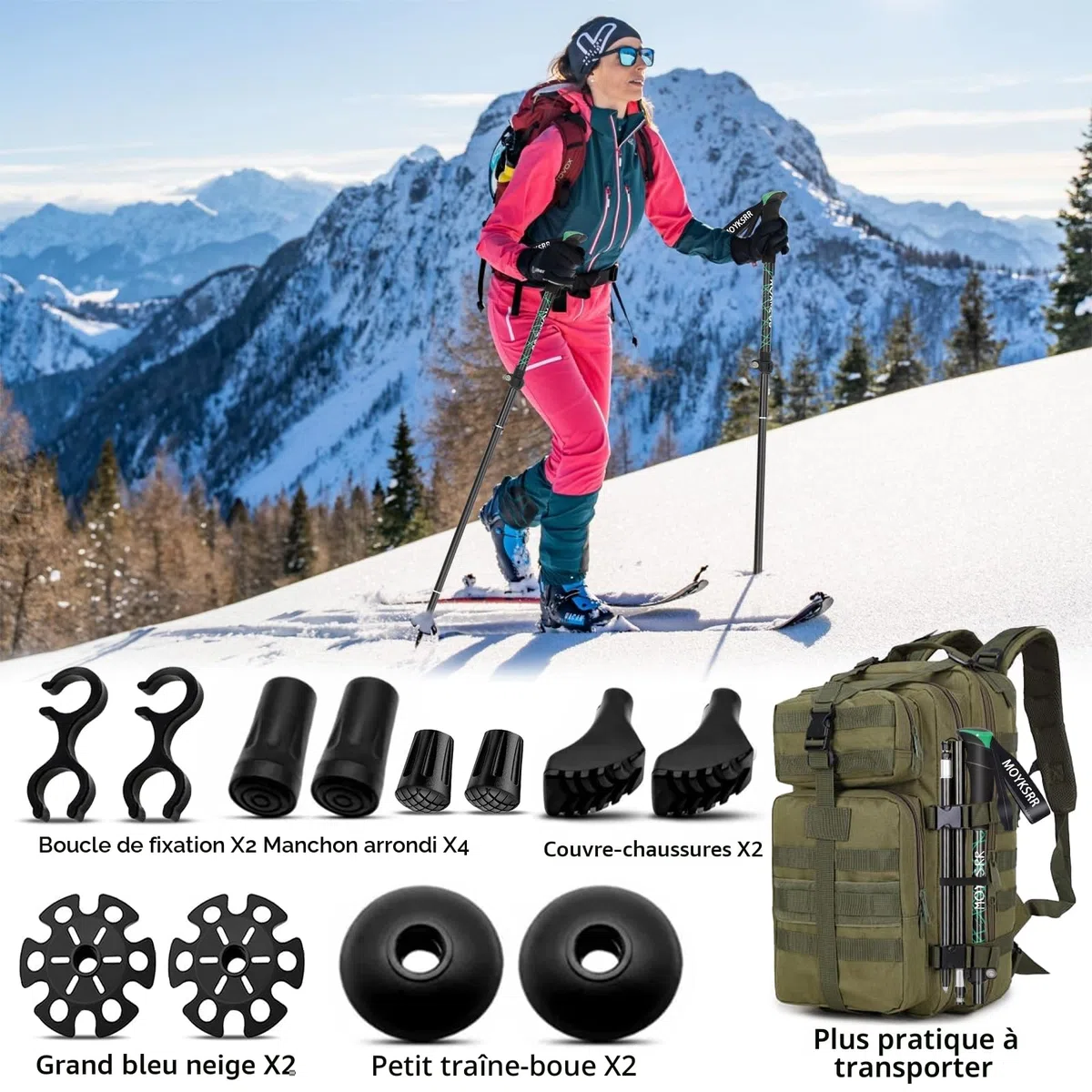 MOYKSRR Bâtons de Randonnée, 2 PCS Baton de Marche Pliable, Antidérapant Ultraléger Bâton de Marche Télescopique Retractable avec 5 Paires de Tampons en Caoutchouc pour Le Conditionnement du Trekking