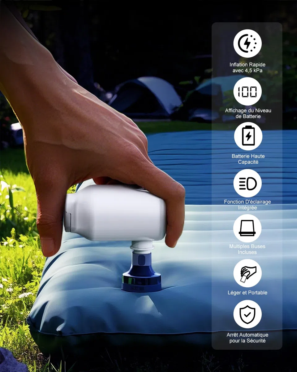 Pompe à Air Gonfleur Électrique avec Batterie pour Matelas Lits Gonflable, Sacs de Rangement sous Vide, 5 Buses & Lampe de Camping, Gonflage et Dégonflage Rapides, Portatif pour Bouée Piscine