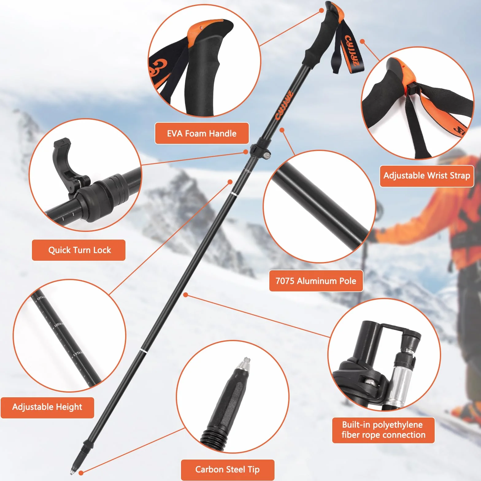 2Pcs Baton de Marche Pliable, Bâtons de Randonnée, Réglables 108-135cm, Batons de Marche Nordique, Baton de Randonnée en Aluminium, avec 5 Paires de Tampons en Caoutchouc, pour Trekking