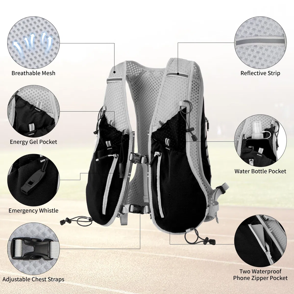 Sac à Dos de Course Ultraléger, Gilet Running avec Bouteille d'eau de 500 ML, Sac à Dos d'Hydratation, Réfléchissant Gilet Course a Pied Femme Homme pour Marathon, Cyclisme, Plein Air