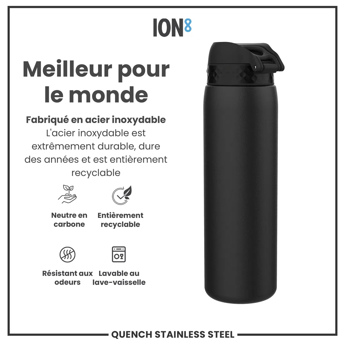 Ion8 Gourde Inox Léger 1 Litre, Non Isolé, Anti-Fuite, Facile à Ouvrir, Verrouillage Sécurisé, Lavable au Lave-Vaisselle, Poignée de Transport, Acier Inoxydable, 1200ml, Noir