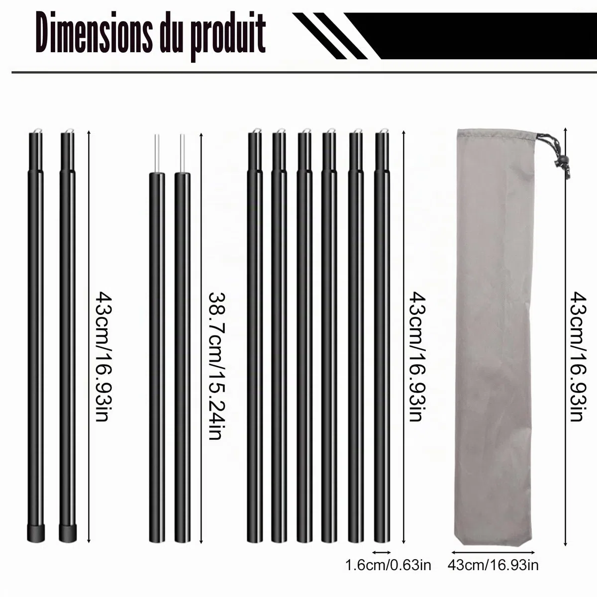 Lot de 2 Poteaux Télescopiques Réglables, Barres de Tente Télescopiques, Barre Tige de Tente Camping Telescopique, Piquets de Tente Télescopiques en Aluminium pour Bâche Tente, Voile D'ombrage Camping