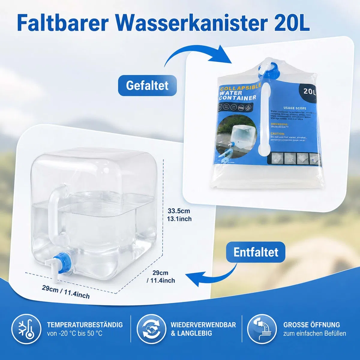 Lot de 2 Réservoirs d’Eau Pliables 20L avec Robinet & Poignée, Bidon d’Eau Potable sans BPA, Réservoir d’Eau Portable pour Camping, Urgence, Randonnée & Outdoor