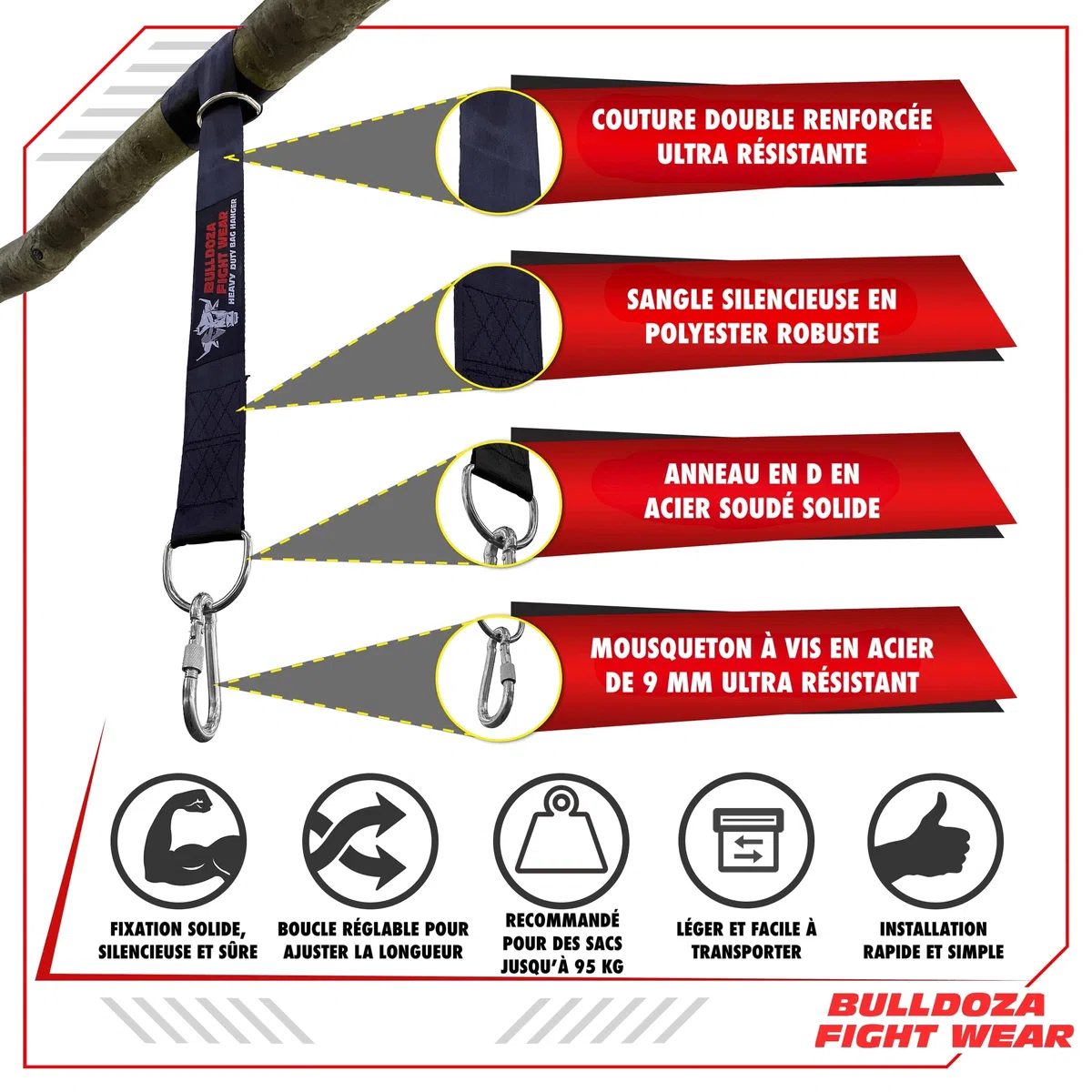 Bull Doza Fight Wear Sangle de Suspension pour Sac de Frappe - Silencieuse, résistante, antidérapante - Disponible en 3 Longueurs