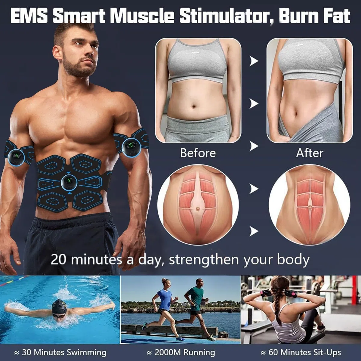 AILEDA Electrostimulateur Musculaire, Ceinture Abdominale Electrostimulation,6 Modes et 19 Intensités, Ceinture Musculation Electrostimulation pour Abdos/Bras/Jambes/Fesses,Homme Femme