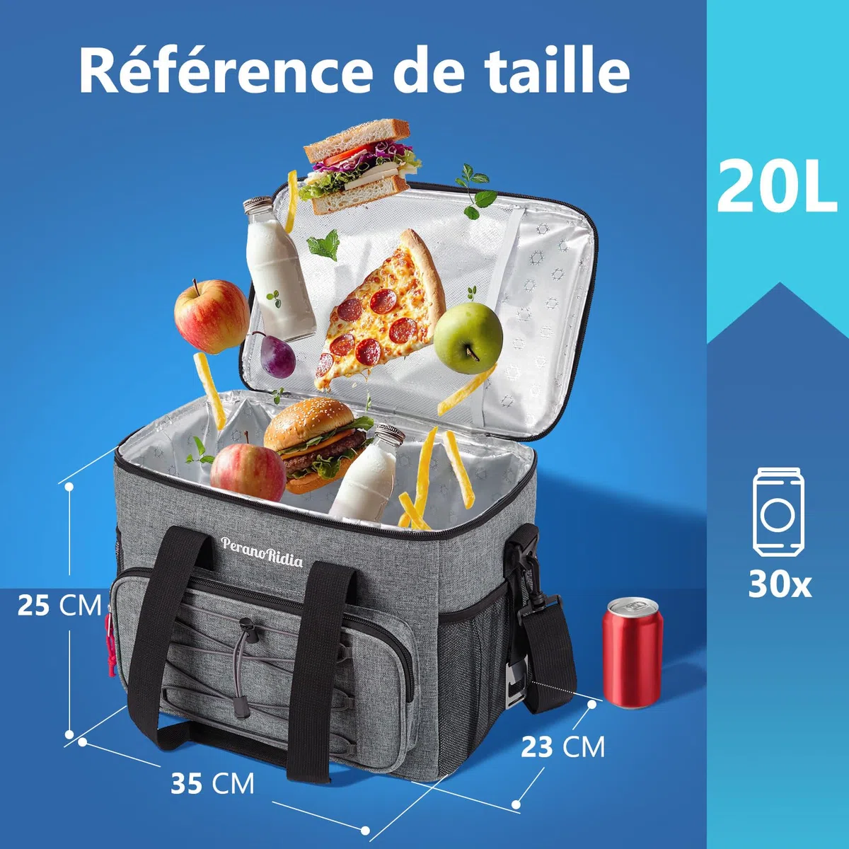 Sac Isotherme 10/20/30L, Glaciere Lunch Box pour Hommes Femmes, Sac Repas Lunch Bag Glacière Souple Isotherme Portable Protection de Fraîcheur pour Plage Pique-Nique Voyage, Gris