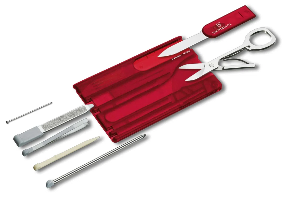 Victorinox Swiss Card, Carte multifonction, Taille de La Carte de Crédit, 10 Fonctions, Stylo, Ciseaux, Rouge Transparent
