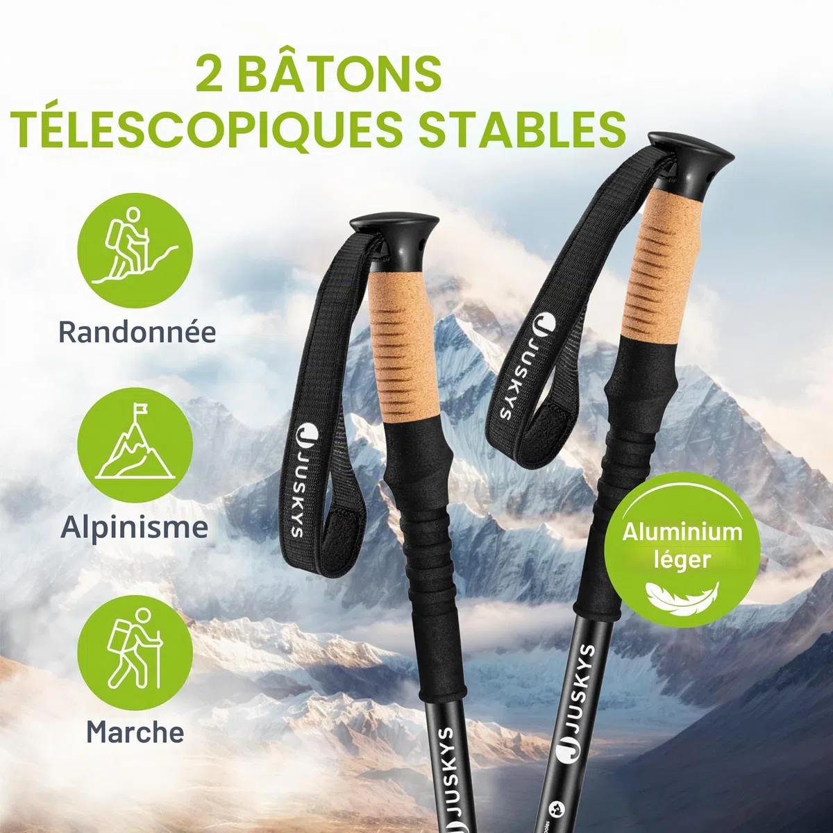 Juskys Bâtons de Marche Nordique - 2 bâtons de Marche télescopiques en Aluminium, légers & Extensibles, pour Femmes & Hommes, avec Embout en Caoutchouc & Sac, poignée en liège - Noir