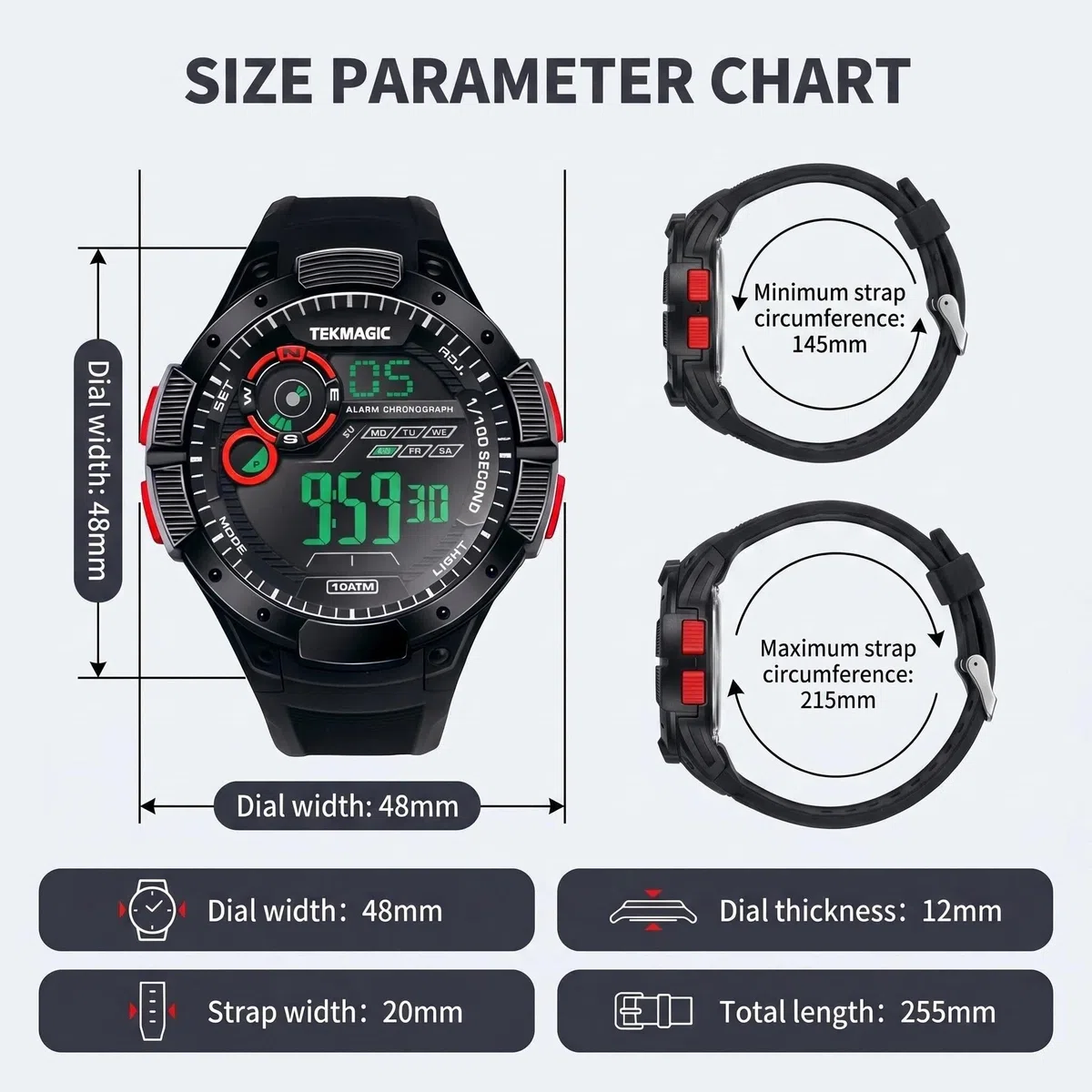 Montre Résistant l'eau 10 ATM 100m Lumineux Montre de Natation Submersible avec Fonctions Réveil, Chronographe, Double Fuseau Horaire, Format 12/24 Heures Sélectionnable