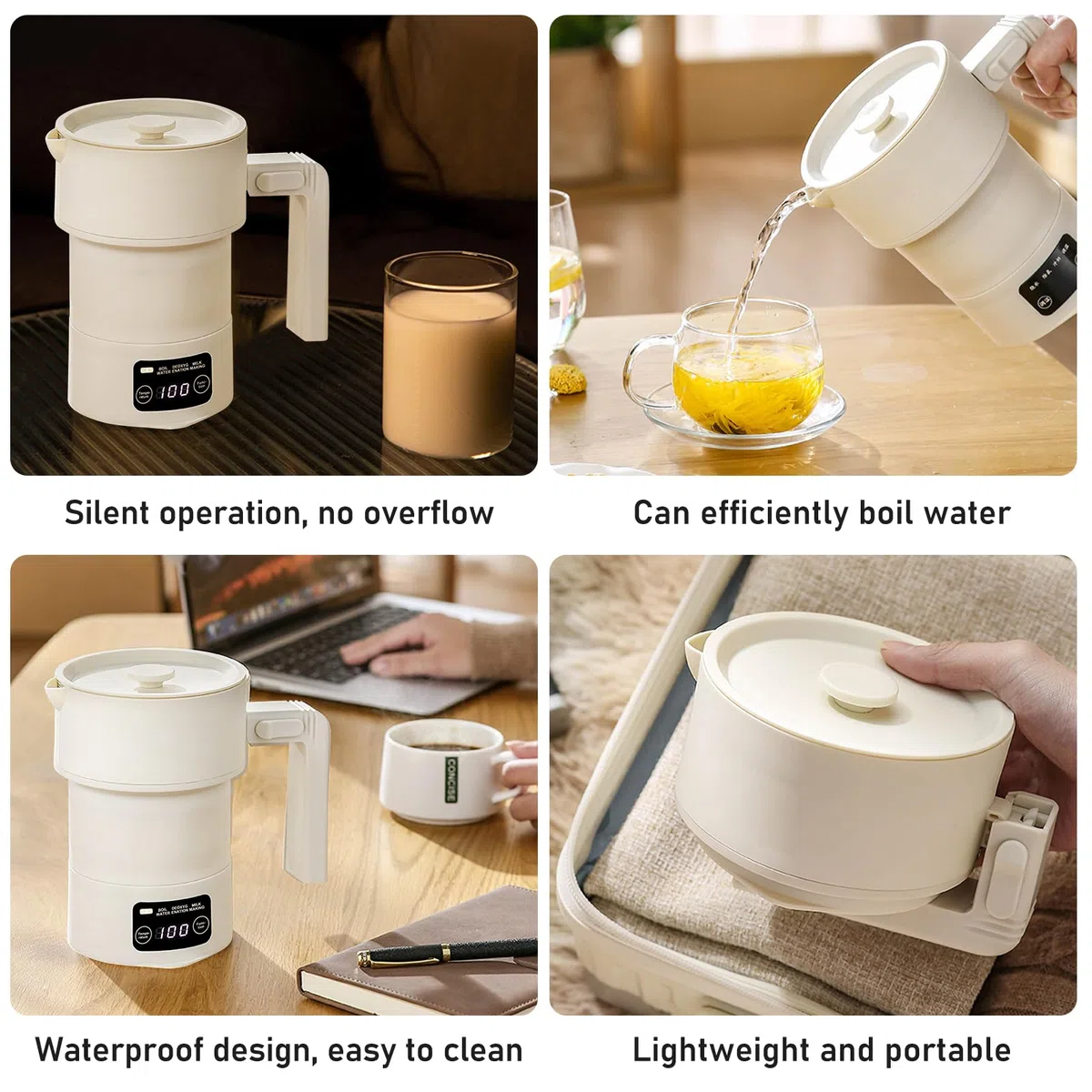 Bouilloire de Voyage Pliable 600ml, Bouilloire Portable, Mini Bouilloire Électrique avec 9 Niveaux de Température, en Acier Inoxydable et Silicone, Silencieuse et Sûre pour les Voyages et le Bureau