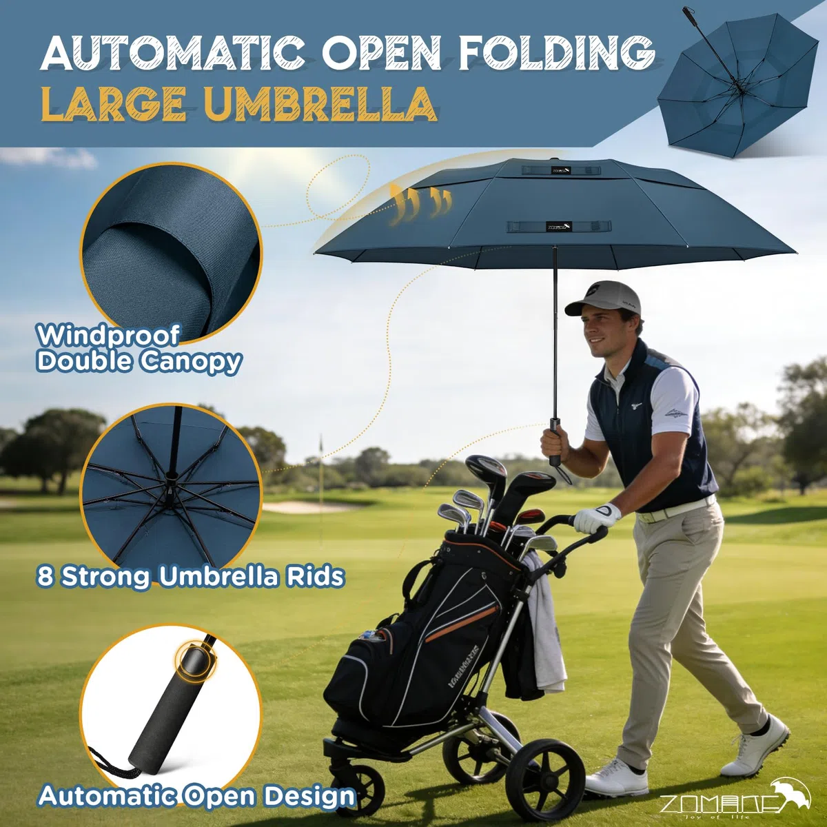 ZOMAKE Large Compact Parapluie de Golf 54/62 Pouces,Parapluie RéSistant au Vent Parapluie Pliant Portable pour le Voyage à Double CanopéE VentiléE pour Hommes Femmes
