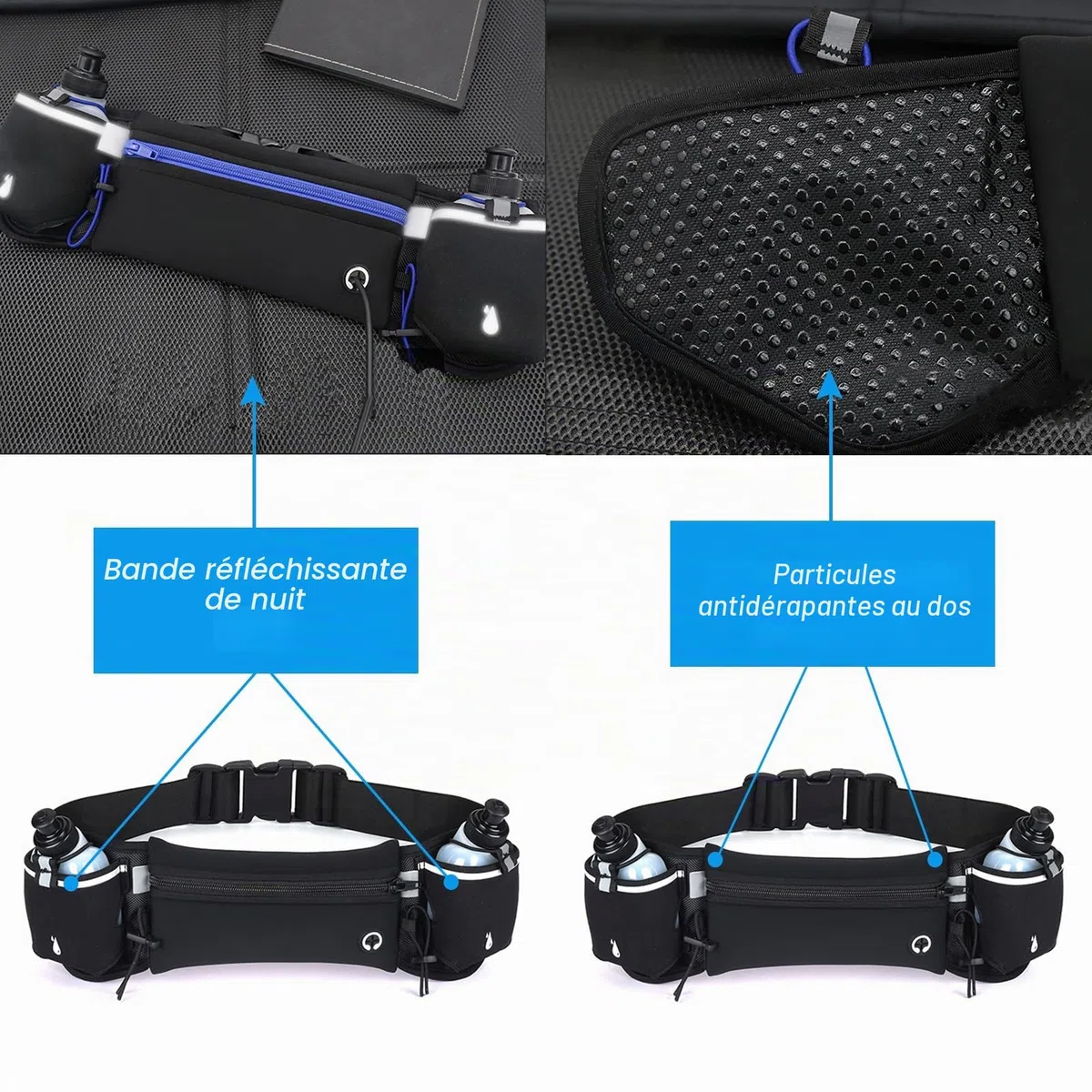 Ceinture de Course à Pied, Pochette Étanche pour Téléphone Portable, Ceinture Running Réfléchissante avec Bouteille d'eau pour Le Jogging et Les Activités de Plein Air, Noir