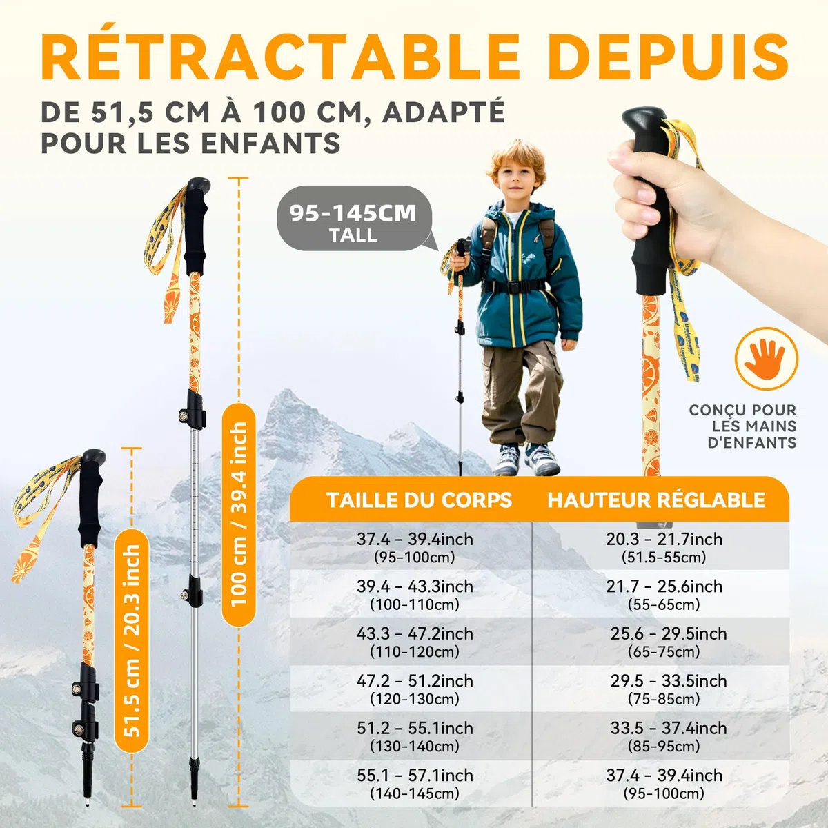 Bâtons de randonnée Pliables pour Enfants – Bâtons de randonnée légers et réglables en Aluminium pour Enfants, Design rétractable pour la randonnée/Ski (6 à 12 Ans)