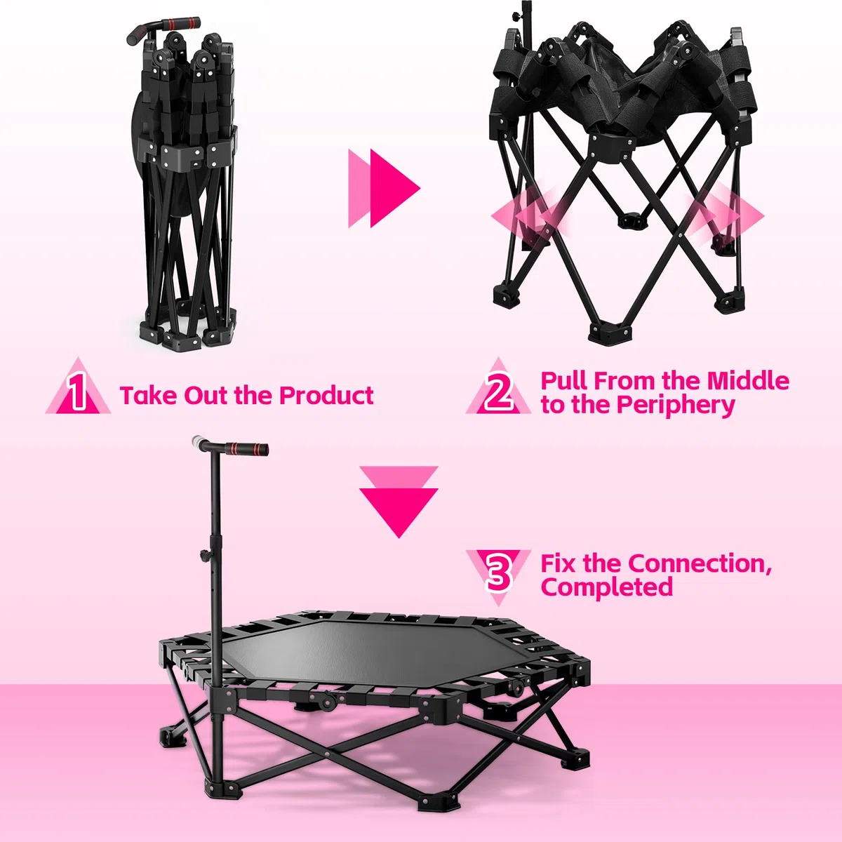 Trampoline d'intérieur pliable avec poignée réglable pour saut de fitness, facile à organiser et à ranger, aucune installation nécessaire, capacité de charge 200 kg
