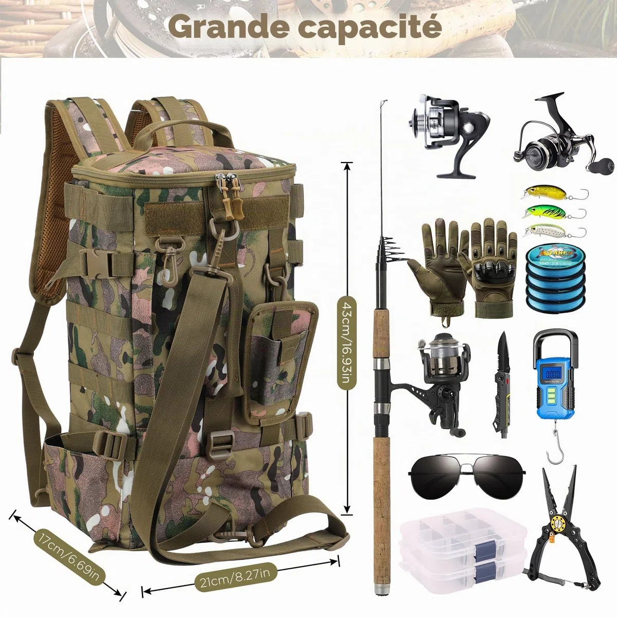 Sac à dos imperméable pour Matériel de pêche, Sac à bandoulière militaire et randonnée
