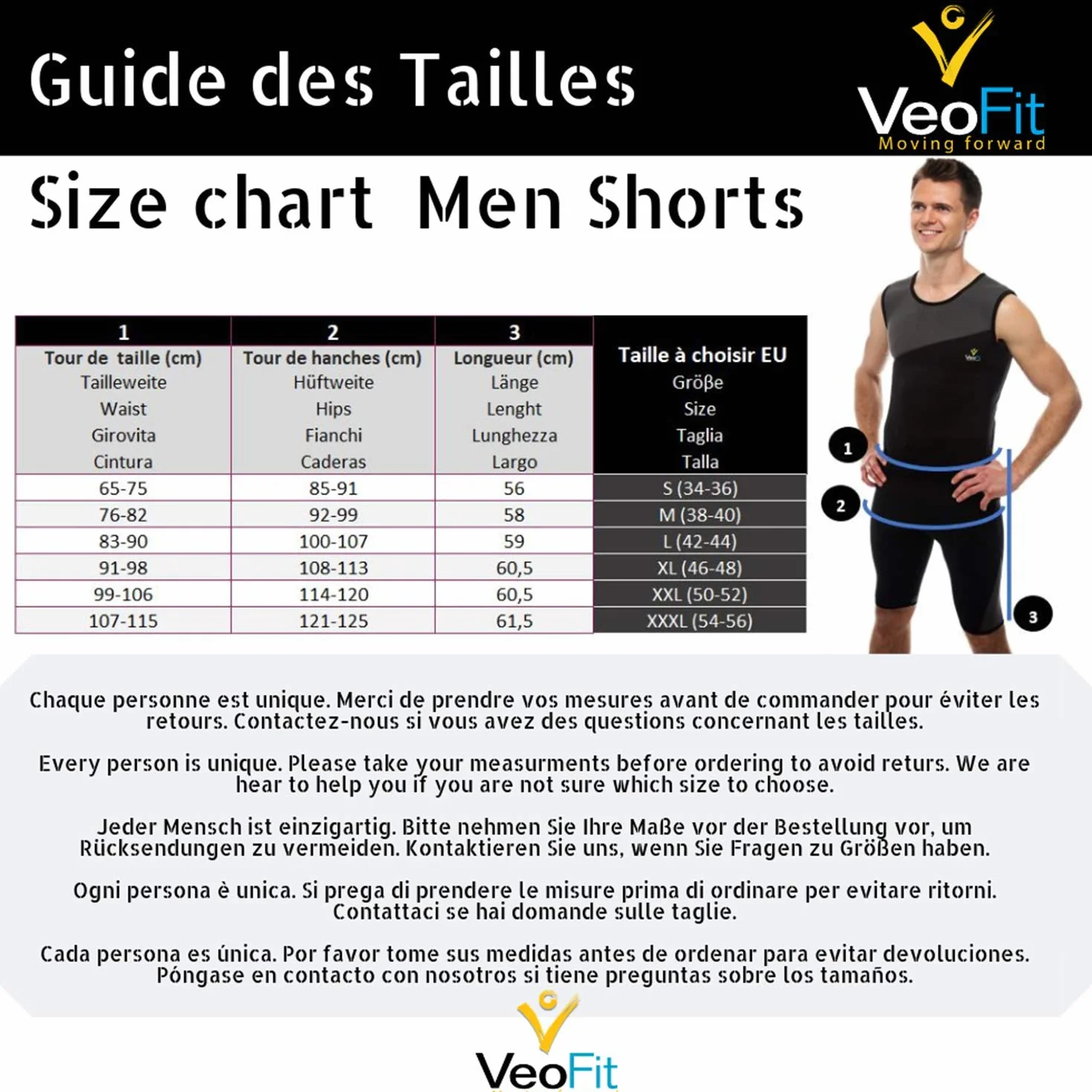 Short de Sudation Amincissant Homme en Neoprene VeoFit : Tonifie Le Ventre Mou et raffermit Les Cuisses Tailles S-XXXL,Noir