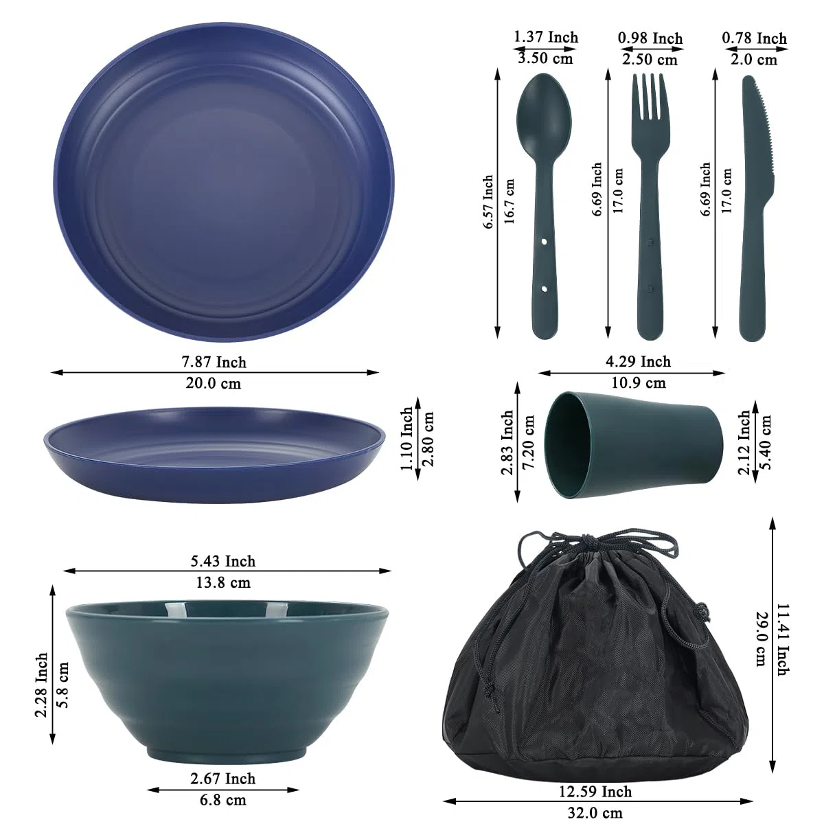 Ustensiles de Camping pour 2 avec Bol, Assiette, Tasse, cuillère, Fourchette, Couteau et Sac de Transport, Accessoires de Camping en Plastique Équipement Essentiel pour Voyage, Pique-