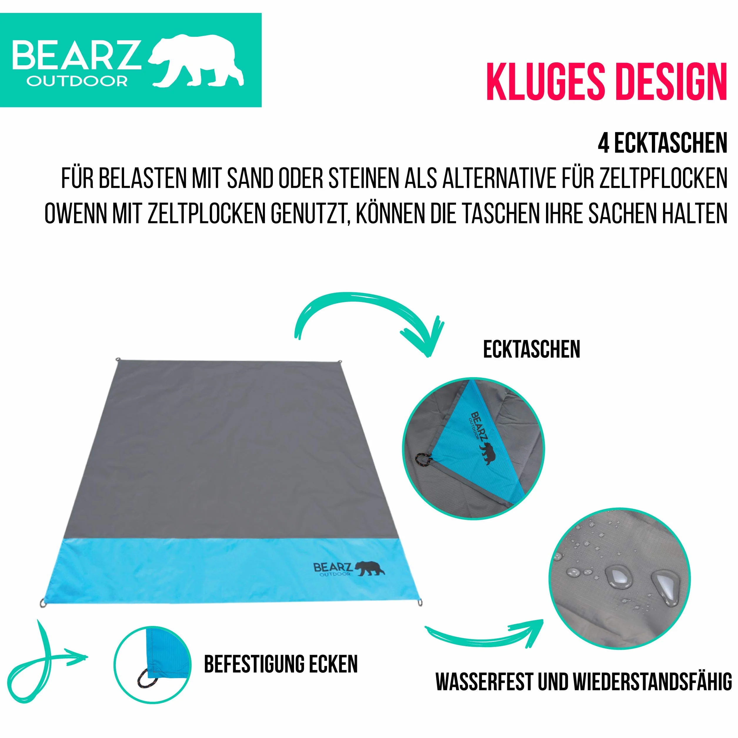 Couverture de pique-nique compacte – Couverture imperméable pour excursions, camping léger, bâche de pluie, équipement de festival de musique, tapis pour randonnée, sport et plage (bleu)