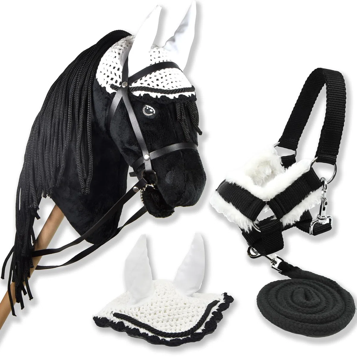 Hobby Horse Frison Noir pour Hobby Horsing pour Enfants et Adolescents de 7 à 20 Ans. Cheval bâton avec Filet, rênes + Bonnet Blanc, Licol moumoute et Longe Noirs - Taille L