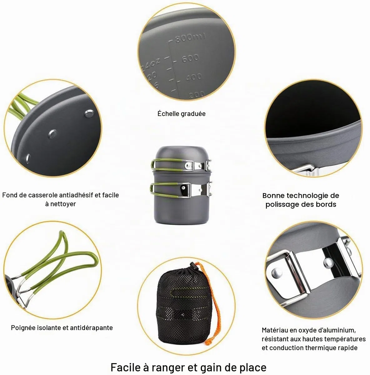 Padarsey O2-3 Batterie de cuisine de camping 1 à 2 personnes avec couteau et fourchette pliants, poêle et poêle portables, randonnée pour pique-nique et camping