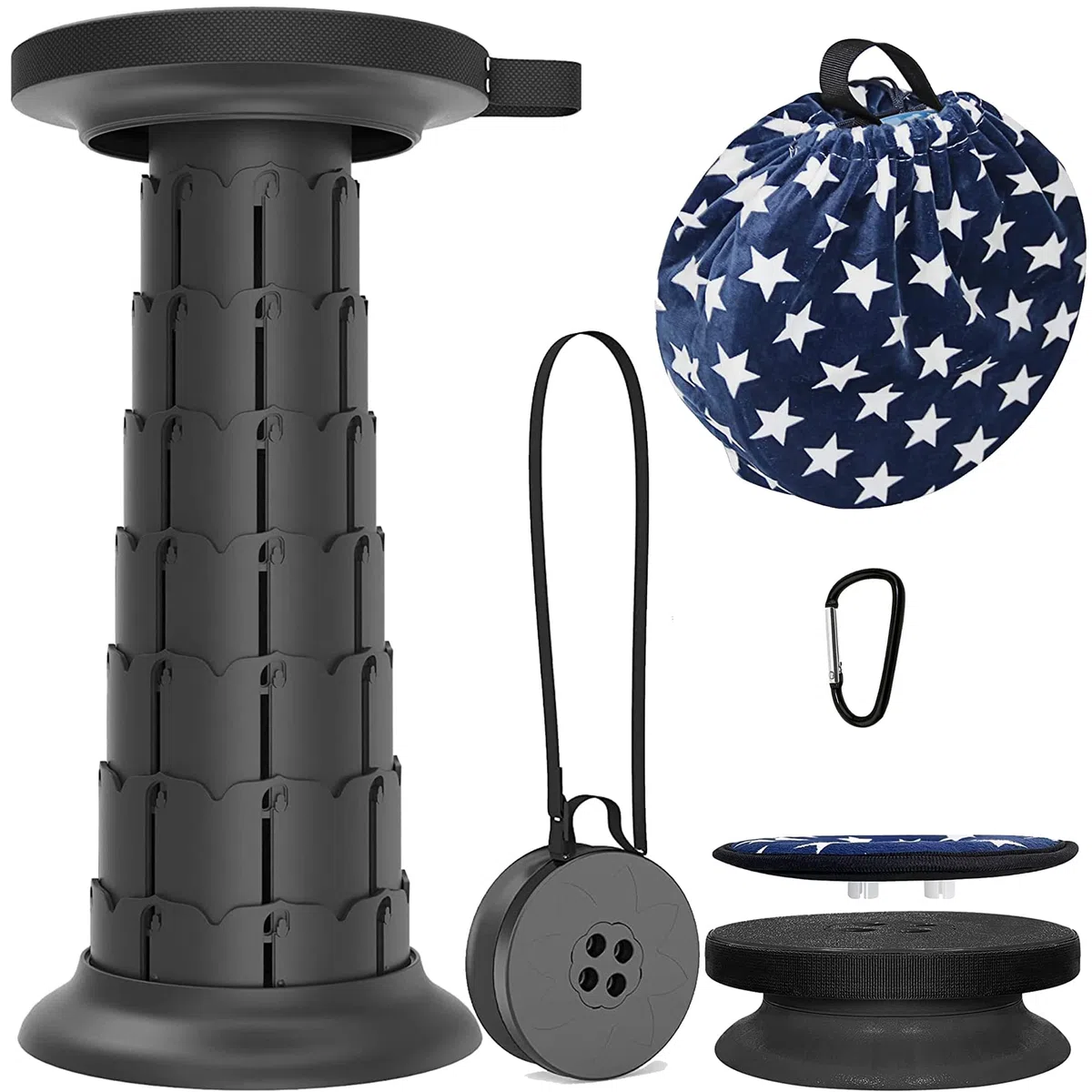 ALEVMOOM Tabouret Pliant Portable Tabouret Télescopique avec Coussin et Sac à Main Tabouret de Camping pour Adultes La Pêche BBQ Intérieur Activités Plein air, Maxi Charge 250kg