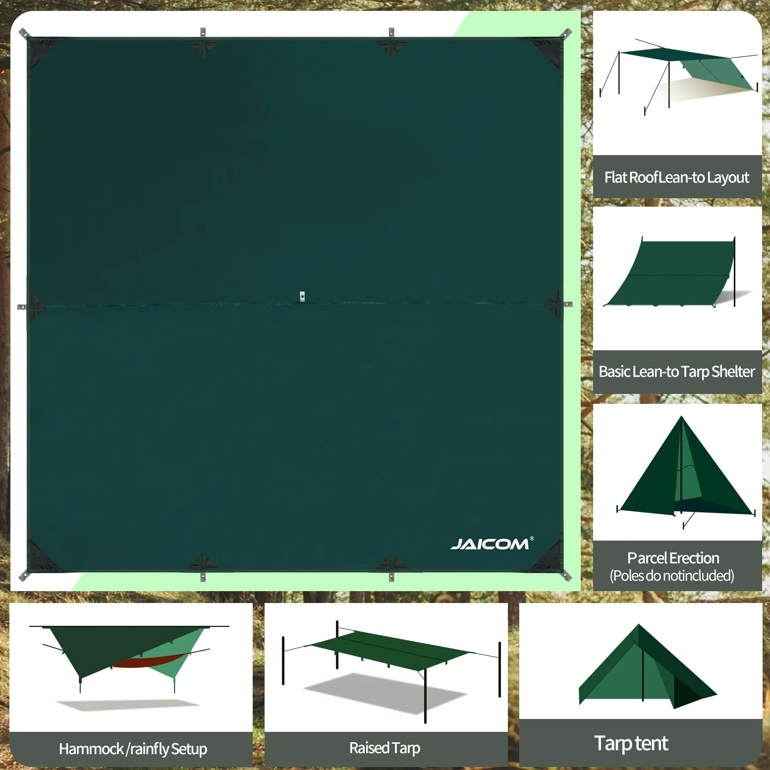 JAICOM Bâche - 3M x 3M Camping Rain Tarp (PU3000mm), Toile de Tente Ultralégère, Résistante aux UV, Randonnée en Plein air, Pique-Nique, Camping, Abri de Survie