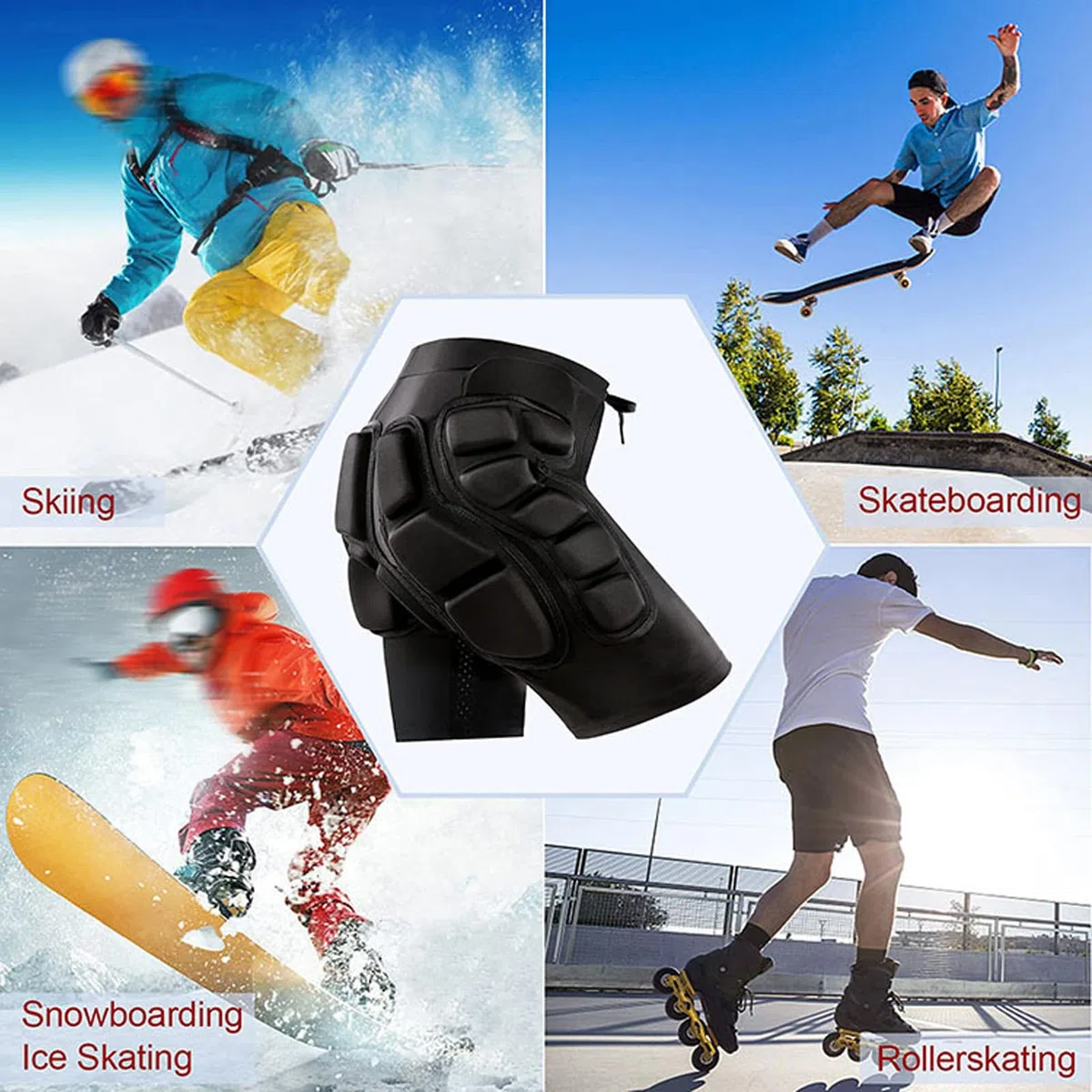 Fockety Short rembourré 3D Respirant en EVA épais pour Protection des Hanches et des Fesses avec Cordon de Serrage, Pantalon Crash Pad pour Snowboard, Skate et Skis, Protection 3D