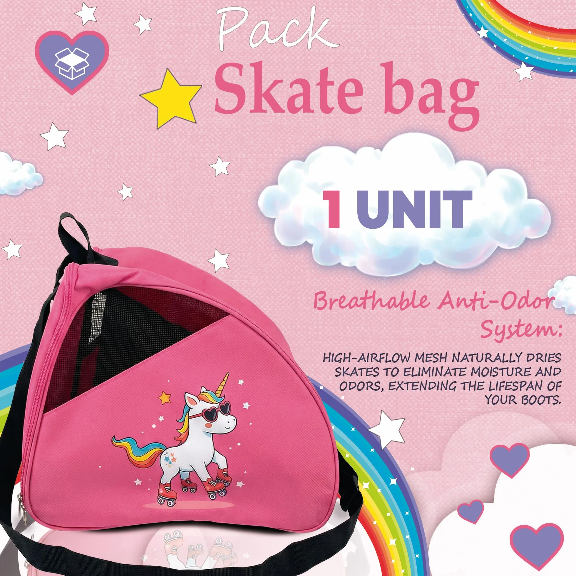 OJA Barcelona Sac pour Rollers pour Enfants - Rose avec Imprimé Licorne - Bandoulière Réglable Rembourrée, Sac de Transport pour Patins Spacieux pour Chaussures et Protections, Bag Robuste