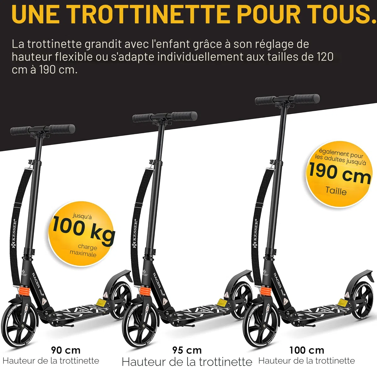 KESSER® Cityroller - Trottinette avec grosses roues en polyuréthane de 205 mm PRO-S, double suspension, pliable et réglable en hauteur, convient en ville, pour adultes et enfants
