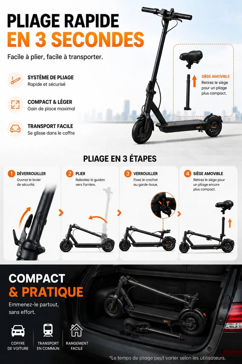 Trottinette Électrique Ado & Adulte – 500W, 4Ah-7.5AH, Autonomie 12-30km, Pneus 8.5" Gonflables, Double Freinage, Pliable - Siège (en Option)