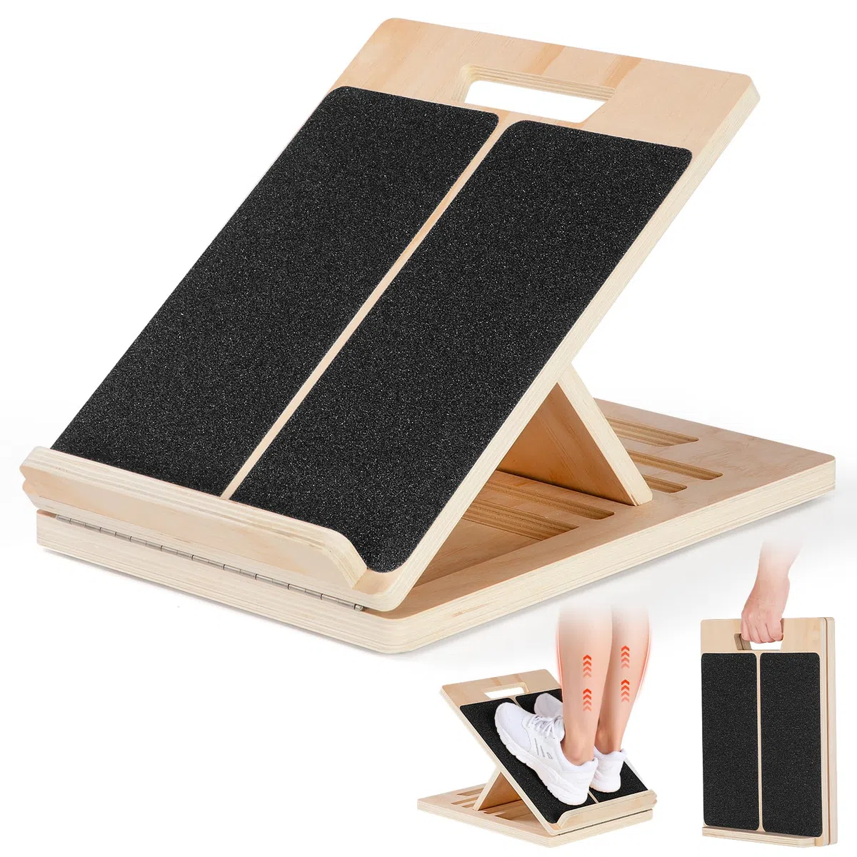 Planche D'étirement en Bois, FoiiLiio Stretch Board Réglable à 5 Angles, Pliable Planche Inclinée avec Poignée Trapézoïdale Élargie et Plaque D'impact Antidérapante