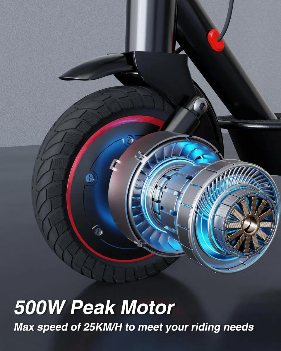 QnQ Trottinette électrique Adulte, avec Double Amortisseur, Moteur 500W/25KM/H, autonomie de 30 à 35 km, Batterie 36V 10.4 Ah, Pneu de 10'', 3 réglages de Vitesse, contrôle par l’Application