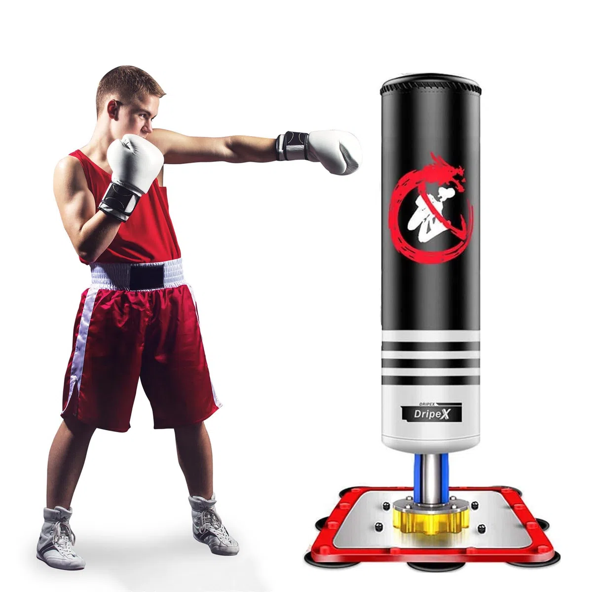 Dripex Sac de Frappe sur Pied Rempli 120 cm Sac de Boxe Adolescent Punching Bag avec 12 Ventouses pour Karaté Taekwondo MMA
