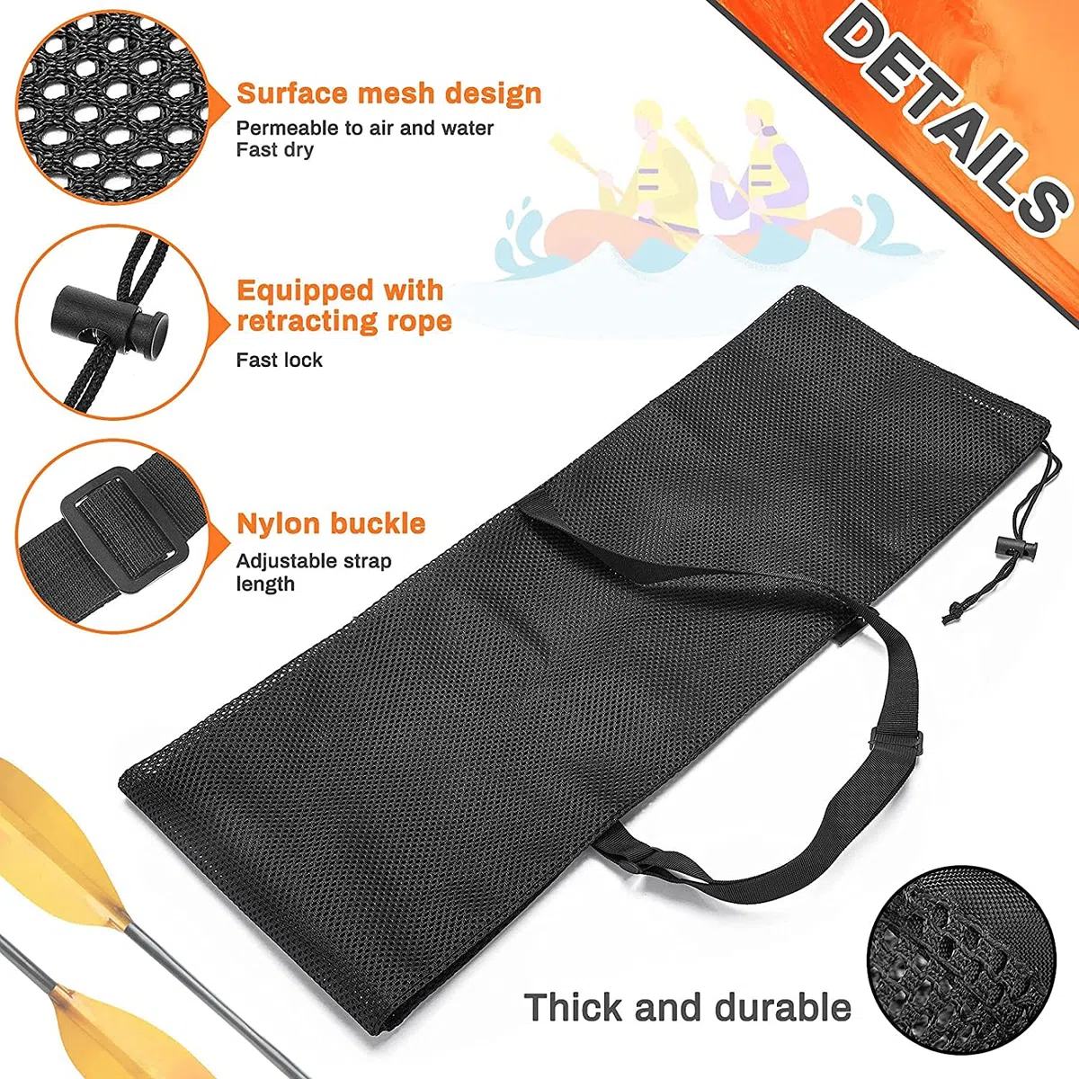 Sac de pagaie de kayak avec cordon de serrage en maille avec bandoulière réglable, sac de rangement portable pour pagaie de kayak, bateau, canoë, filets de rangement, plusieurs pagaies