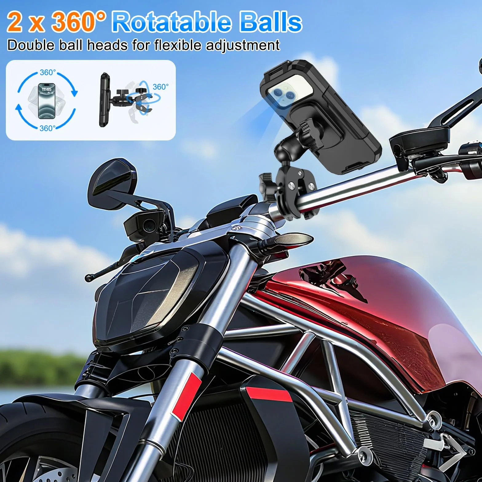 Support Téléphone Moto Etanche Universel Support Telephone Vélo 720° Rotation Pivotant Support pour Guidon avec Bras Extension Métal Écran Tactile pour 5,5-7,0 Pouces Smartphone (Noir)