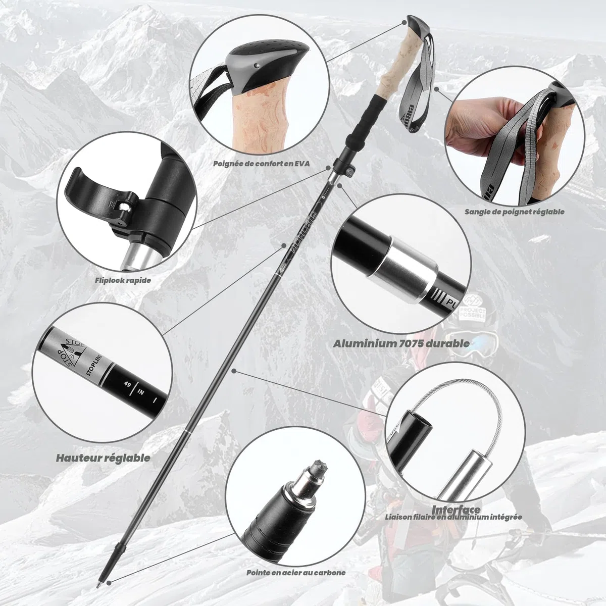 GIBOHOM Bâtons de Randonnée en Aluminium 2 PCS, Baton de Marche Nordique Pliable Télescopique Antichoc Antidérapant 105-125 CM, Baton de Randonnée avec 4 Paires de Tampons Caoutchouc pour Trekking